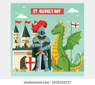 Celebra el Día de San Jorge con una ilustración plana con un caballero galante y un feroz dragón. Conozca más sobre la historia y las tradiciones de esta importante festividad