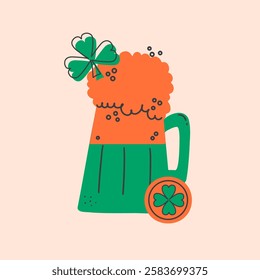 Celebrate St. Patrick's Day with  a frothy mug of beer decorated with a shamrock. Festive vector illustration