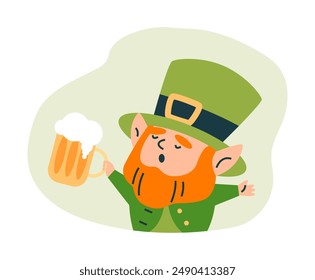 Celebrate St. Patrick's Day with a funny, leprechaun in vector. The singing elf is a character in a big hat with a beer in his hand, perfect for icons and event logos.