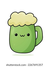 Celebrate St. Patrick's Day in kawaii style. Vector cute illustration. Adorable beer mug. Vibrant design. Perfect for featuring on posters, greeting cards, invitations, bar menus, and pub menus.