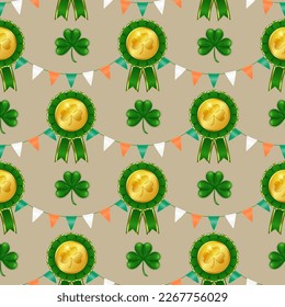 Celebrate St. Patrick's Day with this seamless pattern featuring a garland of Irish flag-inspired triangles, shamrocks, and a golden award. Perfect for wallpapers, fabrics, and wrapping paper. Vector.