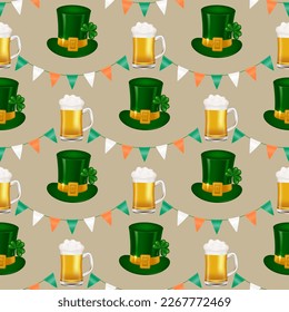 Celebrate St. Patrick's Day with this seamless pattern featuring a garland of Irish flag-inspired triangles, green leprechaun hat, full pint of beer. For decorating walls, fabrics, and gift wrap.