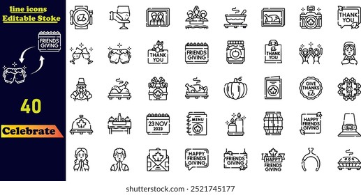 Celebrate stroke icon collection, featuring icons such as a bouquet of flowers, karaoke, DJ, masquerade, and more. Editable outline icon set.