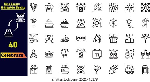 Celebrate stroke icon collection, featuring icons such as a bouquet of flowers, karaoke, DJ, masquerade, and more. Editable outline icon set.