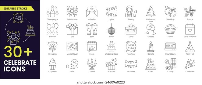 Celebra las colecciones de iconos de Stroke. Contiene tales iconos como ramo de flores, karaoke, dj, mascarada y más. Colección de iconos de esquema editable.