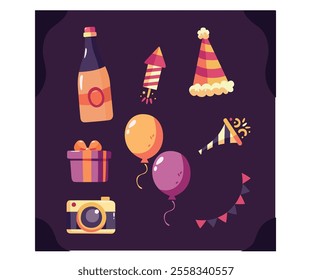 Celebrate in style with our vibrant New Year Party Elements Illustration, featuring a festive birthday party scene adorned with colorful balloons, cheerful party hats, and an array of delightful party