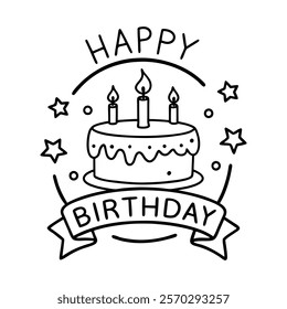 Celebrate in style with this black-and-white line art of a single-tier birthday cake, topped with three lit candles and surrounded by stars and decorative dots. Features a bold 'Happy Birthday' banner