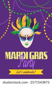 Celebrate in style with this carnival flyer, featuring bold mask design and vibrant color. Vector layout brings spirit of masquerade party to life Perfect for creating invitation, poster, event banner