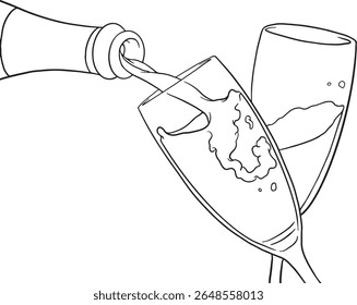 Celebre com estilo! Esta vibrante arte em linha captura a essência da festividade com o champanhe sendo derramado em uma taça de flauta, ao lado de outra taça cheia. Perfeito para comemorar momentos especiais, 