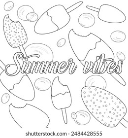 Celebrate summer with this fun coloring page featuring popsicles and bubbles. Perfect for kids and adults to enjoy a creative activity.