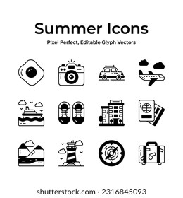 Celebrate the sunny season with a diverse set of summer icons, easy to use and download vectors