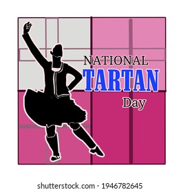 Celebrate Tartan Day, 6th Of April. The Silhouette Of Higland Dance Scottish Dancers Against The Backdrop Of Traditional Textiles