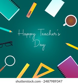 Celebrate Teachers' Day with appreciation on a peacock green background adorned with teaching equipments, symbolizing gratitude for educators' dedication and impact on learning.