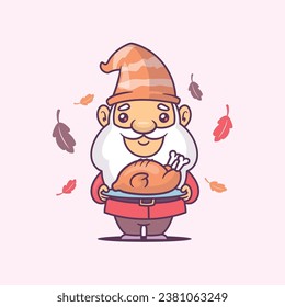 Celebrate Thanksgiving in style with this heartwarming vector illustration. A cute kawaii gnome is seen holding a plate adorned with a succulent turkey, making it the perfect depiction of autumn's fes