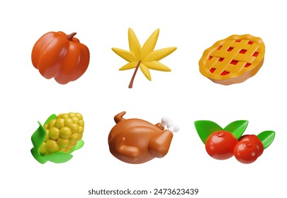 Celebra el Día de Acción de Gracias con este set de íconos en 3D con una calabaza, una hoja, un pastel, maíz, un pavo y unos arándanos rojos, todos diseñados en Vector para una decoración festiva.