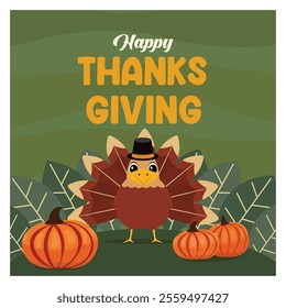 Celebrate Thanksgiving with this charming featuring an adorable turkey, festive pumpkins, and a warm holiday message in vibrant seasonal colors. Flat vector modern illustration 