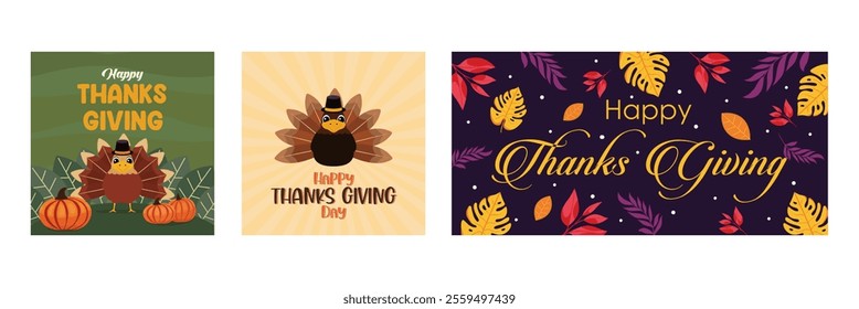 Celebrate Thanksgiving with this charming featuring an adorable turkey, festive pumpkins, and a warm holiday message in vibrant seasonal colors. Flat vector modern illustration 