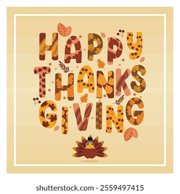 Celebrate Thanksgiving with this cheerful design featuring colorful lettering adorned with autumn leaves and an adorable cartoon turkey. Flat vector modern illustration 