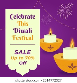 Celebrate this Diwali Festival. Vector Illustration. Diwali festival poster, Diwali Sale banner, Diwali background design with lights, candles and fireworks. Sale up to 70% off. 