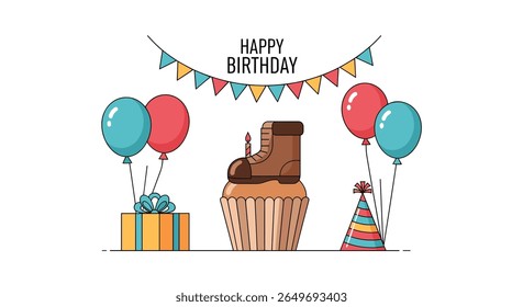 Celebrate with this festive birthday arrangement featuring a delicious cupcake gift balloons and party hat for a joyful occasion