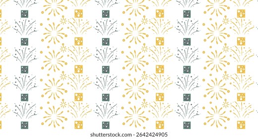 Celebrate with this festive, seamless vector pattern of gold and teal fireworks on a white background. This bright, cheerful design is perfect for holiday events, fabric prints, or party decorations.