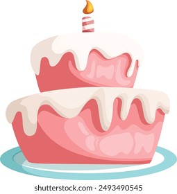 Celebrate with this vector of a pink birthday cake with creamy frosting and a blue candle. Perfect for invitations, cards, and party decor. Add a charming touch to any event. 