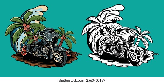 Celebrate the thrill of the open road with this vibrant beach and biker vector design. Perfect for motorcycle enthusiasts, summer vibes, and adventurous decor!