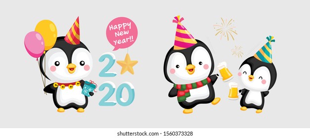 Celebrate time with penguin Happy New Year 2020