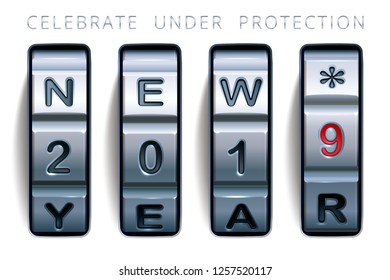 Celebrate under protection. Steel combination lock with a greeting text New 2019 Year. Realistic vector case code lock. Design for companies which specializing in data protection and security service.