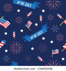 celebrate united state of america independence day pattern with flags, firecracker, fireworks, and ribbon banner with dark gradient background vector illustration in flat style