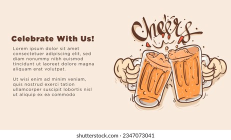 celebrate with us. gass beer toasts celebration concept. template with blank for copoy space. vintage style vector drawing illustration