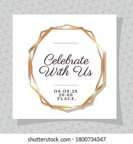 celebrate with us text in gold frame on gray pattern background design, Wedding invitation save the date and engagement theme Vector illustration