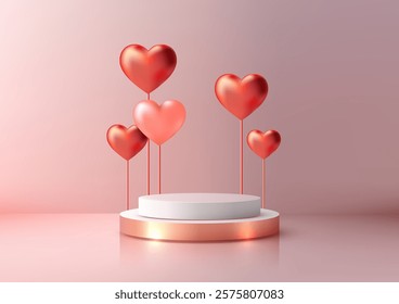 Celebrate Valentines Day with a 3D rose gold podium and floating heart balloons on a soft pink backdrop. Romantic product displays, creative mockups, or festive design showcases