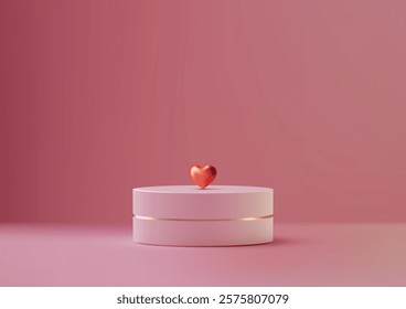 Celebrate Valentines Day love with a 3D pink podium accented by gold, featuring a shiny red heart. Perfect for mockups, romantic product displays, or elegant design concepts