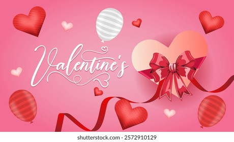 Celebrate Valentine's Day with love and joy This festive illustration features scattered hearts floating balloons and a heart shaped gift box tied with a red ribbon Perfectly romantic







