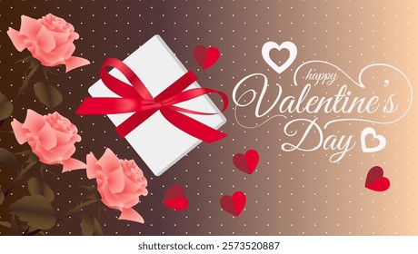 Celebrate Valentine's Day with pink roses a gift box tied with a red ribbon, scattered hearts and festive text on a warm dotted background perfect for a romantic vibe