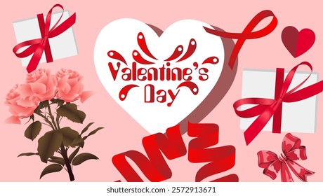 Celebrate Valentine's Day with this heartfelt illustration A large central heart pink roses gift boxes wrapped in red ribbons and festive text create a romantic and joyful atmosphere







