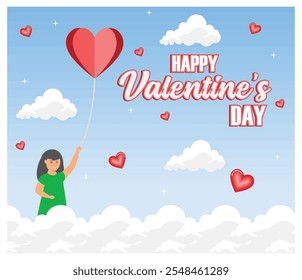 Celebra el Día de San Valentín con un fantástico globo de corazón, nubes y texto festivo. Perfecto para difundir el amor y la alegría en este día especial. Ilustración moderna de Vector plano  