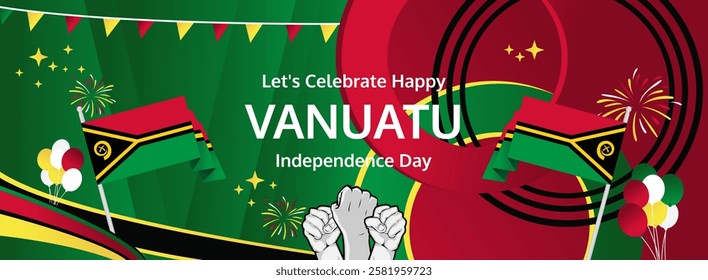 Celebrate Vanuatu Independence Day. Wide banner with bold and iconic flag colors. Happy Vanuatu National Day. Raise your hand to show your support or protest. Holiday theme