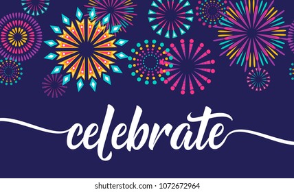 Celebrate vector background with fireworks border for birthday anniversary party concept. Isolated on dark. Illustration in flat style