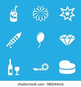 celebrate vector icons. Set of 9 celebrate filled icons such as soda, heart cake, party pipe, fireworks, balloon, gem