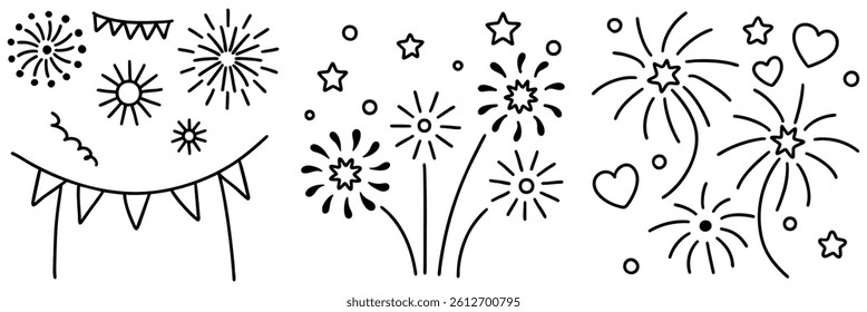 A Celebrate with vibrant line art featuring fireworks, stars, and hearts that create joyful atmosphere of festivity