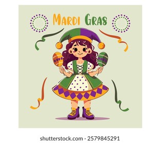 Celebrate the vibrant spirit of Mardi Gras with this captivating illustration featuring a colorful jester girl adorned in an elaborate costume