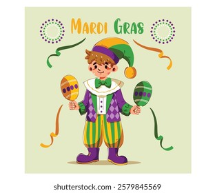 Celebrate the vibrant spirit of Mardi Gras with this captivating poster featuring a colorful jester character