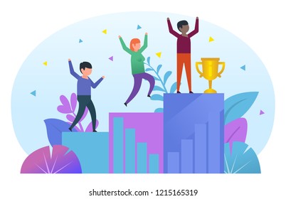 Celebrate victory, business growth, success concept. People stand on pedestal, growth chart. Poster for web page, social media, banner, presentation. Flat design vector illustration