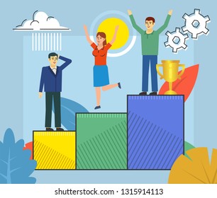 Celebrate victory, business growth, success concept. People stand on pedestal, growth chart. Poster for web page, social media, banner, presentation. Flat design vector illustration