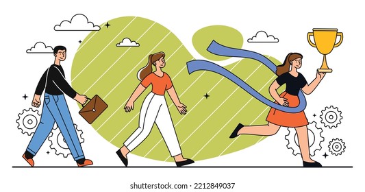 Celebrate Victory Concept. Young Girl Runs With Cup In Her Hands. Motivation And Leadership. Hardworking Employees, Successful Entrepreneur. Poster Or Banner. Cartoon Flat Vector Illustration