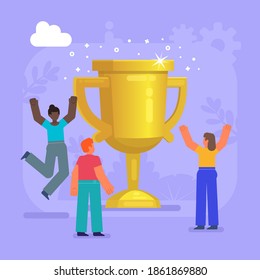 Celebrate victory, win prize, take first place. People stand near big golden cup. Modern vector illustration