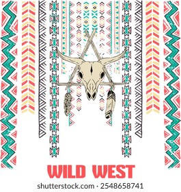 Celebrate the Wild West spirit with this tribal-inspired design featuring a bull skull, feathers, and bold patterns. Perfect for those who love rustic, bohemian, and Western aesthetics.