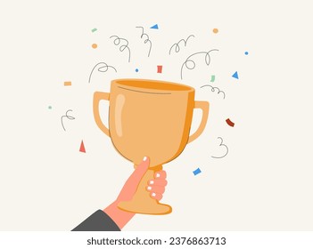 Celebrate winners with golden cup, prize winners stars in holding hand. Cartoon doodle award ceremony concept with hand hold winner cartoon style. Cartoon trophy success icon vector illustration